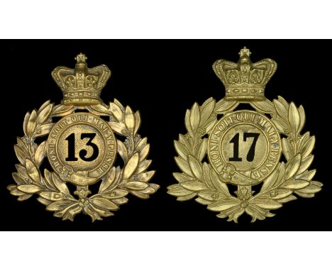 Two Infantry Shako Plates. Comprising a 13th Somerset Light Infantry gilt other ranks 1869 pattern Shako Plate, crowned laure