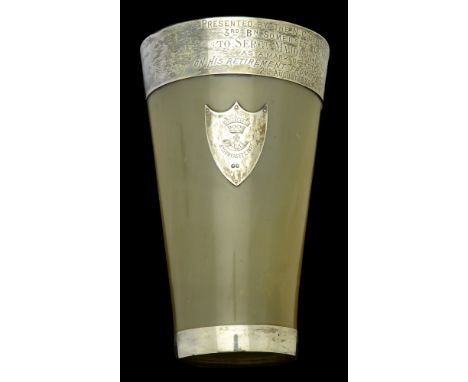 A Presentation Silver Mounted Horn Beaker. A horn beaker, approximately 500ml in volume, with silver mounts, the top band ins