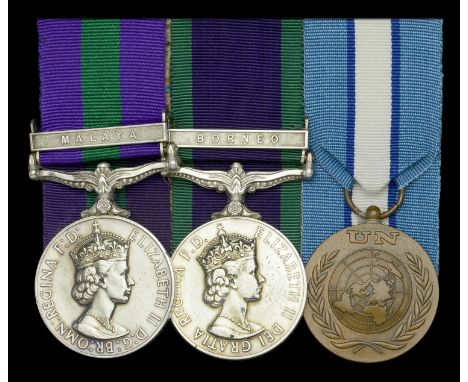 Three: Corporal T. J. Evans, Royal Hampshire Regiment  General Service 1918-62, 1 clasp, Malaya, E.II.R. (22244038 Pte. T. Ev