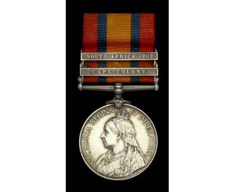 Queen’s South Africa 1899-1902, 2 clasps, Cape Colony, South Africa 1902 (Captn. R. H. W. Tulloh, A.P.D.) engraved naming, sm