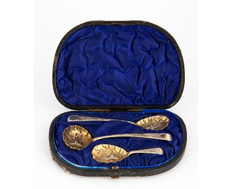 Hilliard &amp; Thomason, Birmingham 1881, comprising a sugar sifter, a jam spoon and a caddy spoon, each piece chased with bi