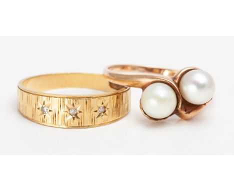 The cross over pearl ring in 9ct yellow gold, ring size L, the diamond set wedding band, ring size M(2)