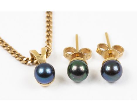 Comprising a pair of 3mm round black pearls with 9ct gold cups and a 55cm gold curb link chain with matching pendant(2)