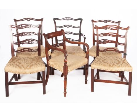 Including two armchairs, all variously ladder back with the exception of one armchair with vase splat