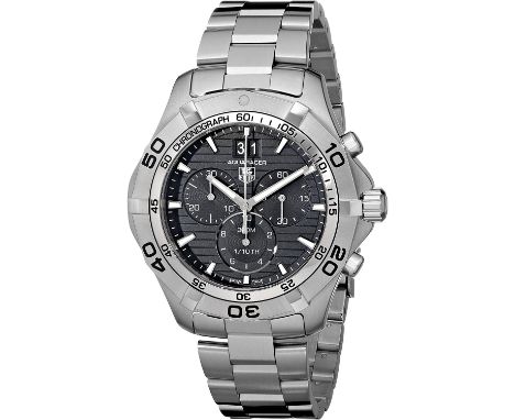 Reference number CAF101E, the 44mm round black dial with baton hour markers, calibrated outer ring, three inner subsidiary di