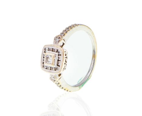 Channel and pave set in a square top setting with 14 round brilliant cut diamonds weight approximately 0,60 carats colour GH 