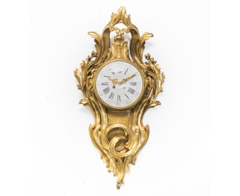 Cast rocaille and foliate case with a circular 19cm white dial, Roman numeral hour markers, calibrated outer ring 17cm high, 