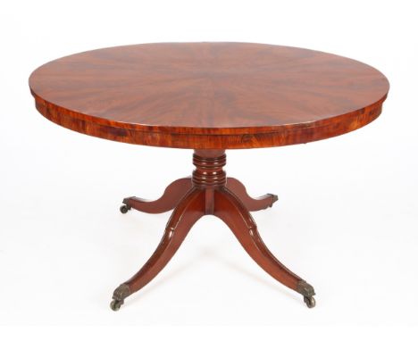 On substantial turned and ring-turned column with four out swept legs with brass toes and castors75cm high, 135cm diameter