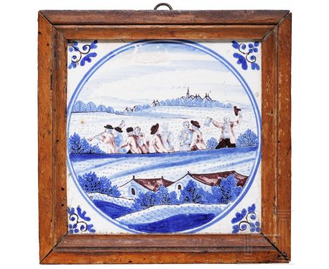Delfter Fayence-Fliese, Niederlande, 18. Jhdt.  Quadratische, weiß glasierte und blau bemalte Kachel aus Keramik. Im Bildfeld