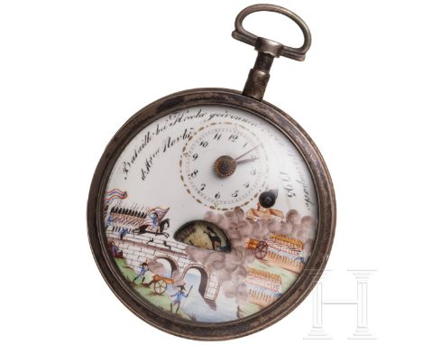 Spindel-Taschenuhr mit Automat, deutsch, um 1800  Emailliertes Zifferblatt mit fein gemalter Schlachtszene und Erinnerungsins