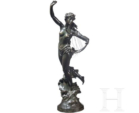 Tanzender weiblicher Akt, Marcel Debut (1865 - 1933 Paris)  Bronze patiniert. Nur mit einem Lendenschurz bekleidete, tanzende
