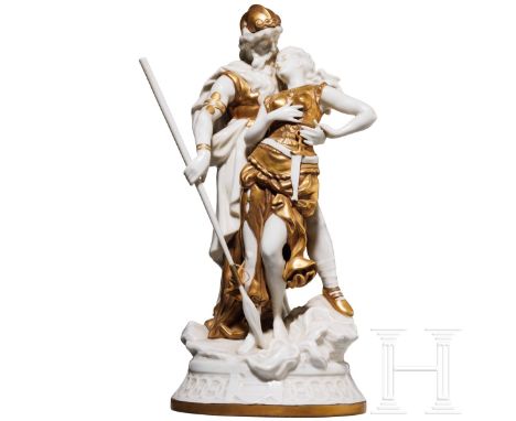 Arminius (Hermann) und Thusnelda aus Porzellan im Stil von Capodimonte, deutsch/Italien, 20. Jhdt.  All'antica gekleidetes Li