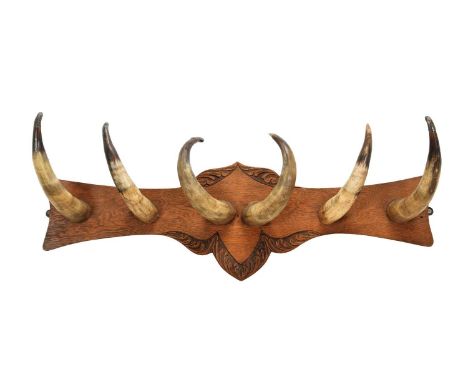 Animal Furniture: A Cow Horn Mounted Coat Rack, circa 1913, a cow horn mounted wall hanging coat rack, formed with six cut ho