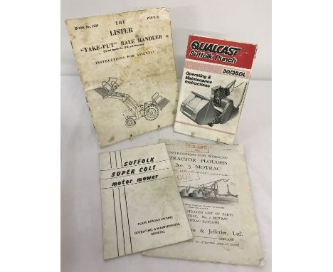 4 vintage instruction manuals for Qualcast and Suffolk mowers, Motrac tractor ploughs and Lister "Take-Put" bale handler. 