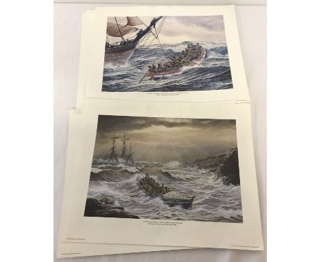 12 unframed prints depicting lifeboat rescues by M. Bensley. 10 copies of "The Augusta", Sheringhams first life boat and 2 co