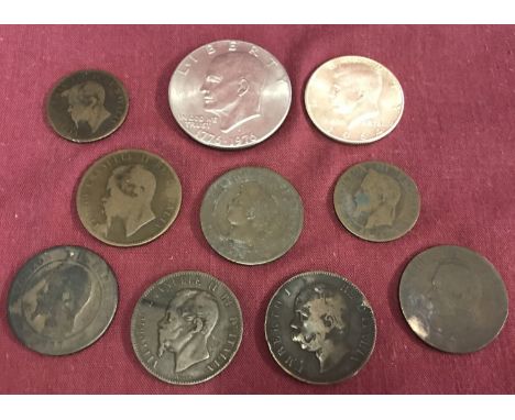 A small collection of antique vintage foreign coins. To include Vittorio Emunuelle II 10 and 5 centesini coin, Napoleon III c