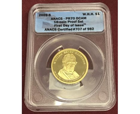 A first day issue of 2009-S William Henry Harrison 1 dollar proof coin. Number 707 of 982. Complete with plastic case. ANACS-