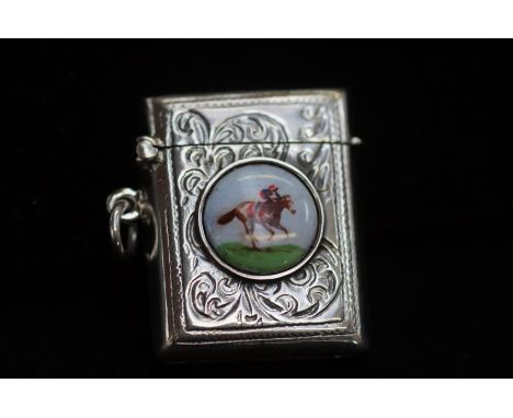 Silver &amp; enamel vesta case 'Horse &amp; jockey' Height 4 cm 