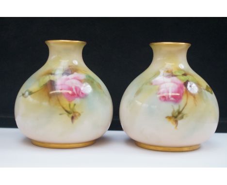 Pair of Royal Worcester bud vases with floral decoration &amp; puce backstamp Height 8 cm 