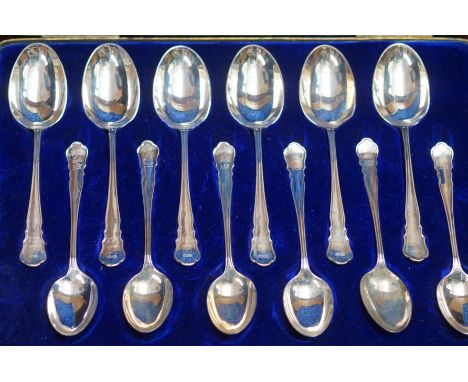Cased set of 12 silver spoons, all inscribed E A K with egg timer Total silver weight  846g