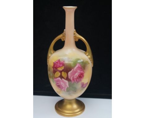 Royal Worcester twin handled vase with floral decoration &amp; puce backstamp Height 19 cm 