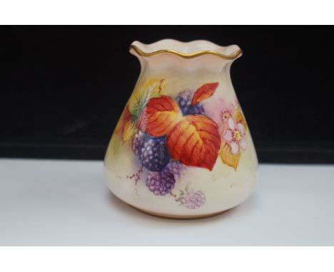 Royal Worcester vase with fruit decoration &amp; black backstamp, signed M Miller, Height 8 cm 