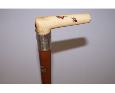 Shibayama walking stick, unmarked silver collar 