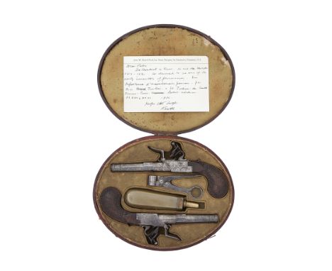 An Unusually Cased Pair Of French 50-Bore Flintlock Rifled Box-Lock PistolsBy De Boubert A Paris, Circa 1815With turn-off can