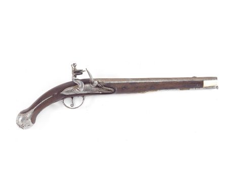 A Turkish Flintlock 16-Bore Holster PistolLate 18th/19th CenturyWith plain barrel and tang, plain rounded lock and cock (stee