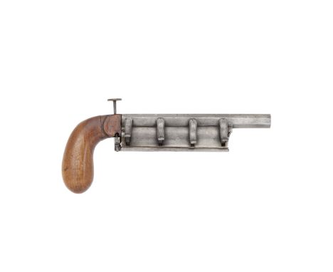 A Very Rare Continental 60-Bore Percussion Superimposed Load Four-Shot PistolMid-19th CenturyWith octagonal barrel made in on