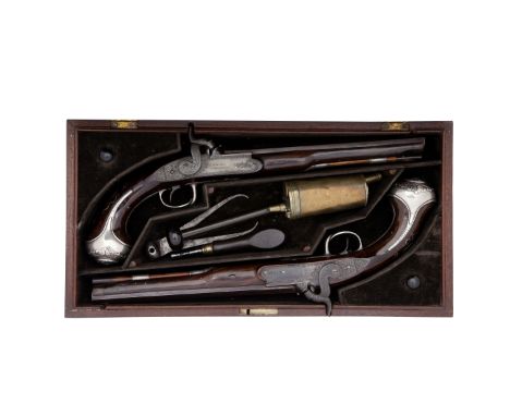 A Fine Cased Pair Of 28-Bore Silver-Mounted Percussion Duelling Pistols By Jover, London, London Silver Hallmarks For 1777, M