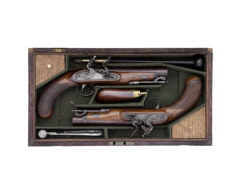 A Cased Pair Of Flintlock Officer's Pistols Of Carbine BoreBy James Stevens, 43 High Holborn, London, No. 1008, Circa 1820Wit