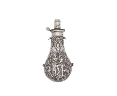 A Very Rare White-Metal 'Courtship' Powder-Flask For Percussion Sporting GunsBy James Dixon &amp; Sons, Sheffield, Mid-19th C