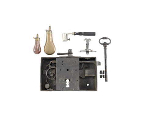 Four Accessories Relating To Antique Firearms, And A Door Lock With KeyAll 19th CenturyComprising a small brass-mounted powde