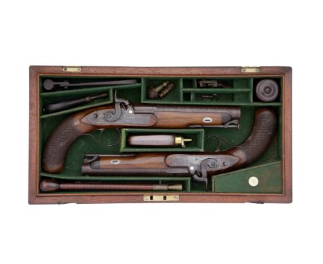 A Cased Pair Of 13-Bore Percussion Officer's PistolsSigned Reeves &amp; Co., London, Mid-19th CenturyWith browned twist sight