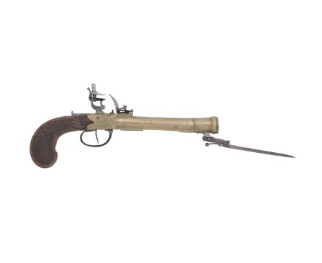 A Flemish Flintlock Box-Lock Blunderbuss-Pistol With Spring Bayonet Early 19th Century, Probably LiègeWith brass cannon barre