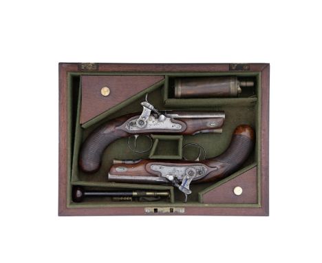 A Cased Pair Of 25-Bore Percussion Travelling PistolsBy Cartmell Of Doncaster, Circa 1820Rebuilt from flintlock, with rebrown