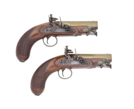 A Pair Of 25-Bore Flintlock Brass-Barrelled Travelling PistolsBy C. Lamb, Whitby, Circa 1825With octagonal sighted barrels ea