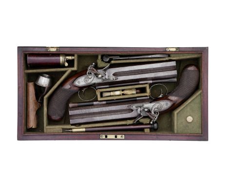 A Very Rare Cased Pair Of 22-Bore Flintlock Single-Trigger Over-And-Under Pistols By John Manton, London, Nos. 4205 And 4206 