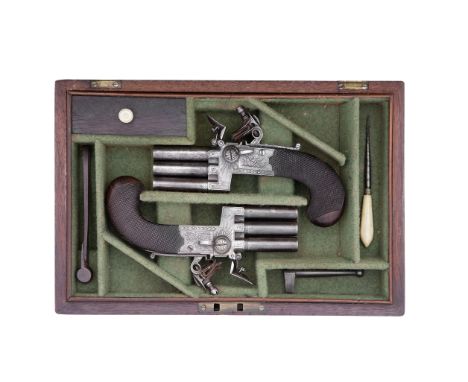 A Very Rare cased Flintlock Box-Lock Three-Barrelled Tap-Action Pocket Pistol Of Small Bore Unsigned, Early 19th CenturyWith 