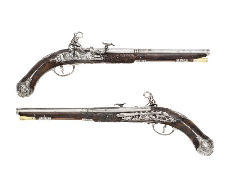 A Fine Pair Of Tusco-Emilian 38-Bore Snaphaunce Belt PistolsOne Signed 'Brento' And Dated 1763With slender two-stage barrels 