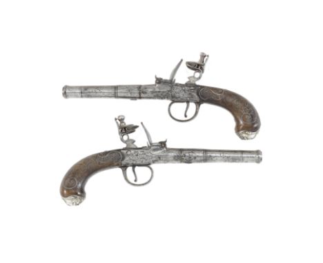 A Pair Of 54-Bore Flintlock Box-Lock PistolsBy Ketland, London, Circa 1775With turn-off cannon barrels, border engraved actio