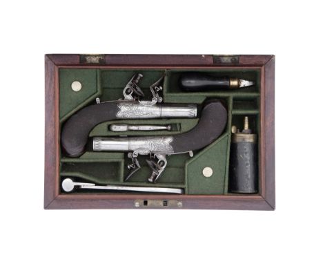 A Cased Pair Of 55-Bore Flintlock Box-Lock Pocket PistolsBy Peacock, London, Circa 1820With turn-off barrels each engraved wi