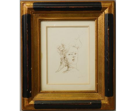 Leonor Fini, Argentinian 1908-1996- Portrait of a young woman; pen and ink, signed in red ink, 18.5x13.5cm, (may be subject t