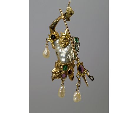 A Renaissance Revival gold and pearl pendant, depicting Neptune, c.1960s, the yellow and white metal (apparently unmarked) se