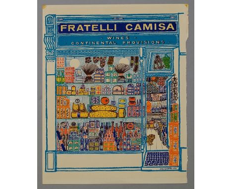 John Griffiths, British 1926-2011- Fratelli Camisa, Wines Continental Provisions; lithograph in colours, signed and dated 195