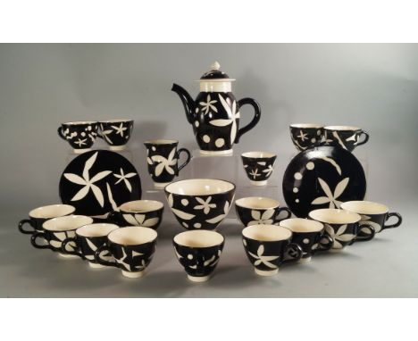 A Conran tea and coffee service, 20th century, decorated with stencilled leaves in black and white, to comprise coffee pot an
