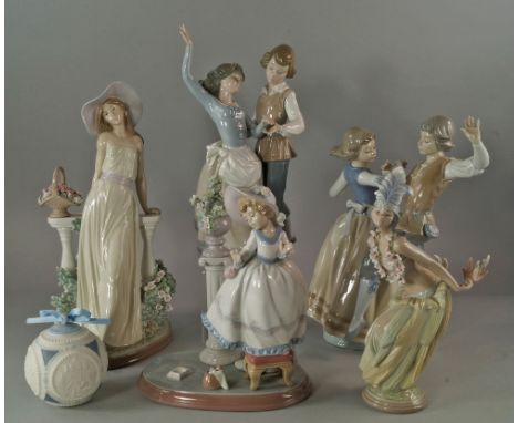 A Lladro porcelain of a young girl, 20th century, dressed in a sun hat, wearing a long green dress leading against a floral b