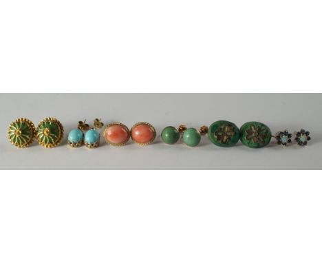 Six pairs of 9ct gold earrings set with various stones, including coral, turquoise, malachite, opal and sapphires. (6)