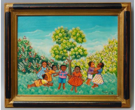 Francoise Jean, Haitian b.1953- Children playing; oil on canvas, signed and dated 82, 39.5x49.5cm  CONDITION REPORT: in a par